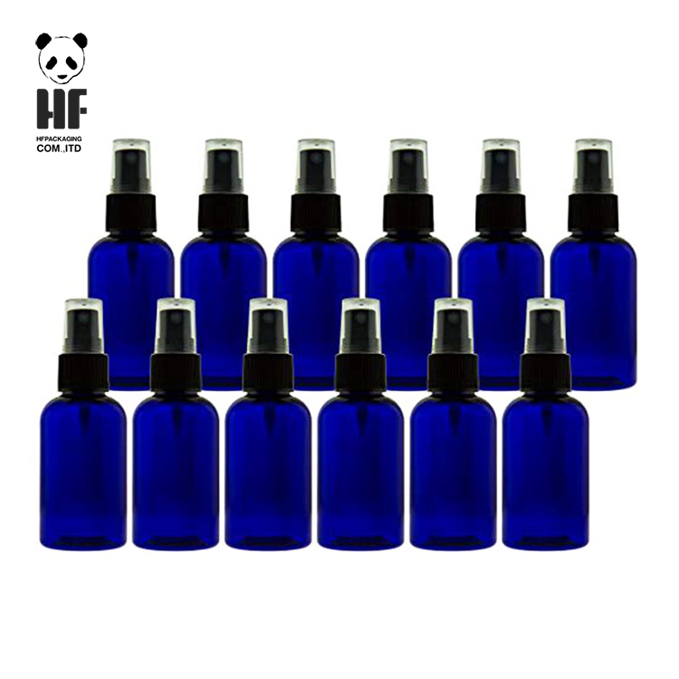 4 oz blue boston round glass sprayer pump bottles with black mist sprayer tops