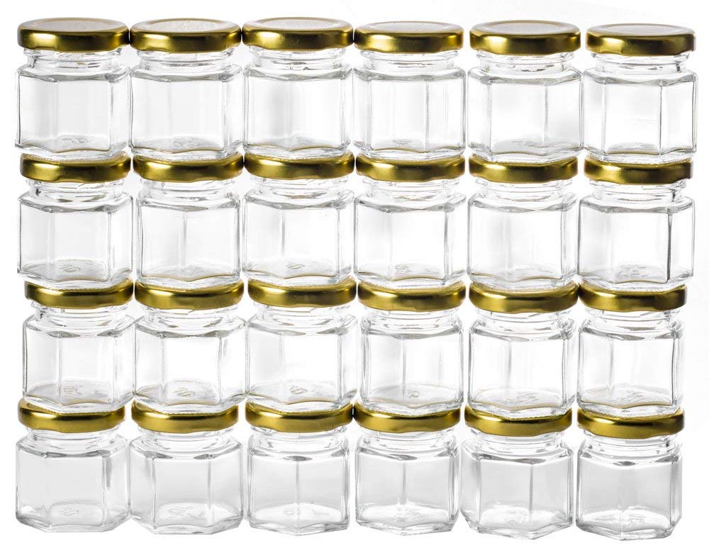 4 oz hexagon honey mini glass jar with gold metal screw lid