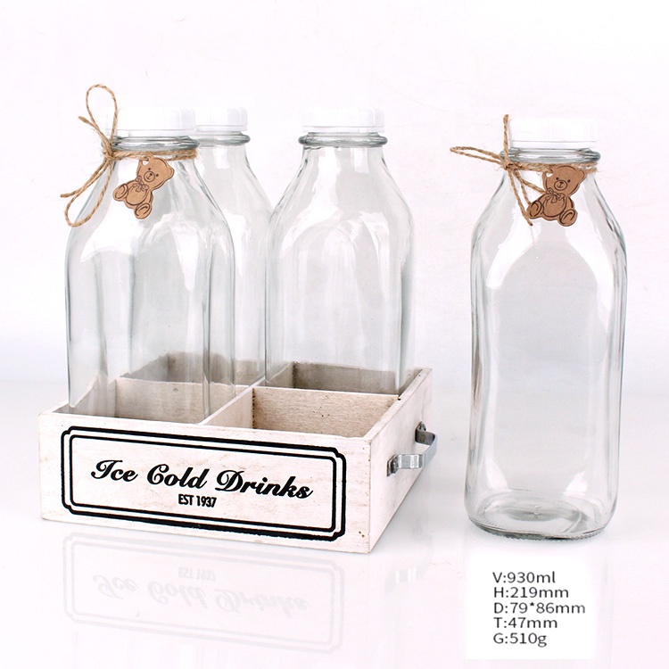 4 sets of 930ml square glass milk juice bottle in wooden crate