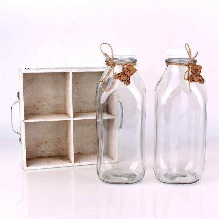 4 sets of 930ml square glass milk juice bottle in wooden crate