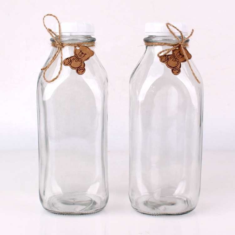 4 sets of 930ml square glass milk juice bottle in wooden crate