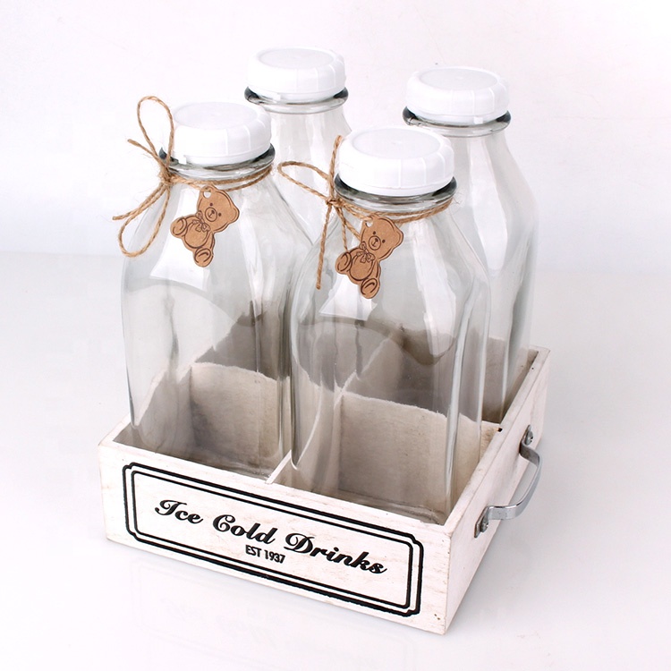 4 sets of 930ml square glass milk juice bottle in wooden crate