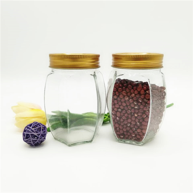 400ml 760ml Clear oval hexagonal fancy food storage glass jar for honey with metal screw top lid