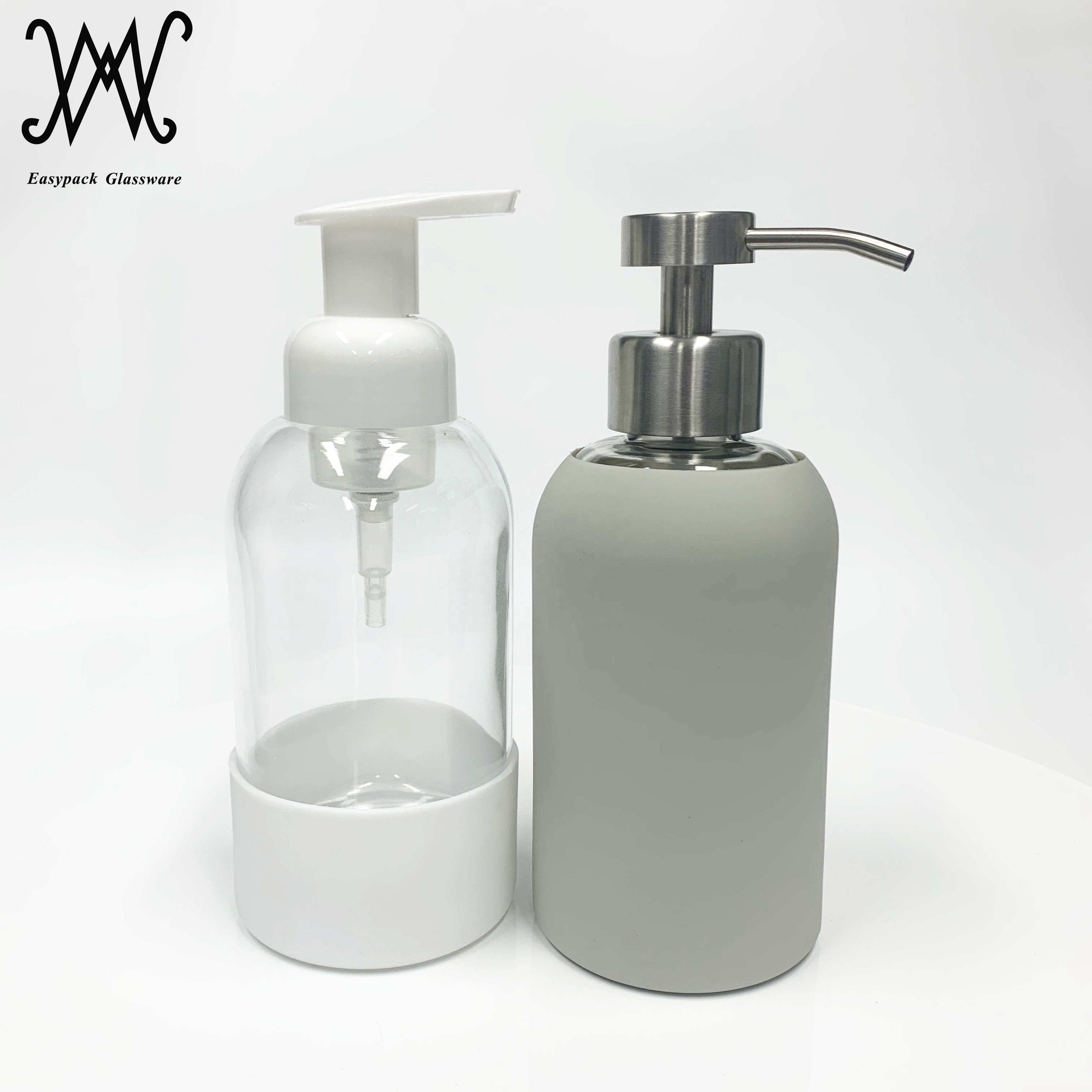 400ml glass hand soap bottle with stainless steel foaming pump dispenser and silicone sleeve