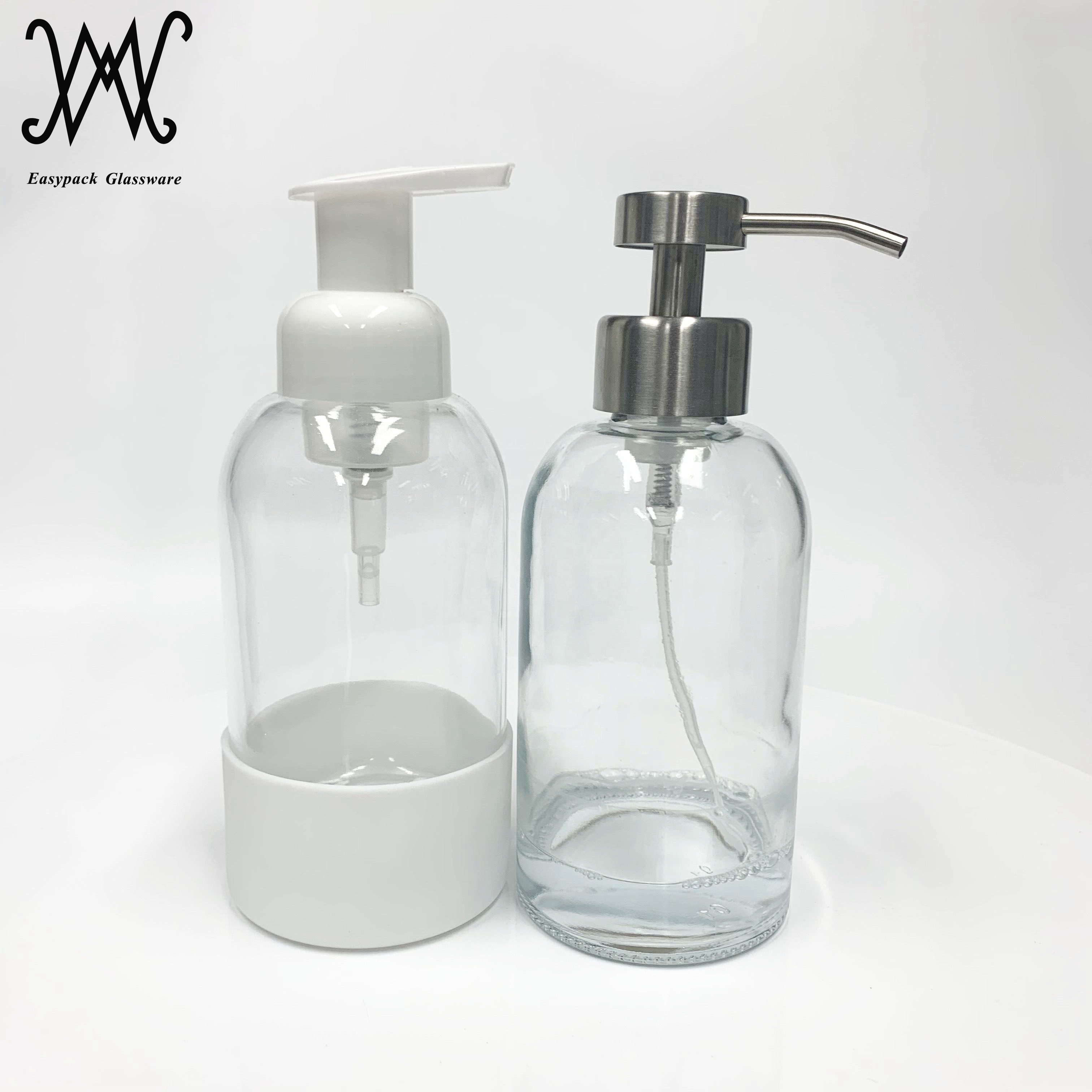 400ml glass hand soap bottle with stainless steel foaming pump dispenser and silicone sleeve