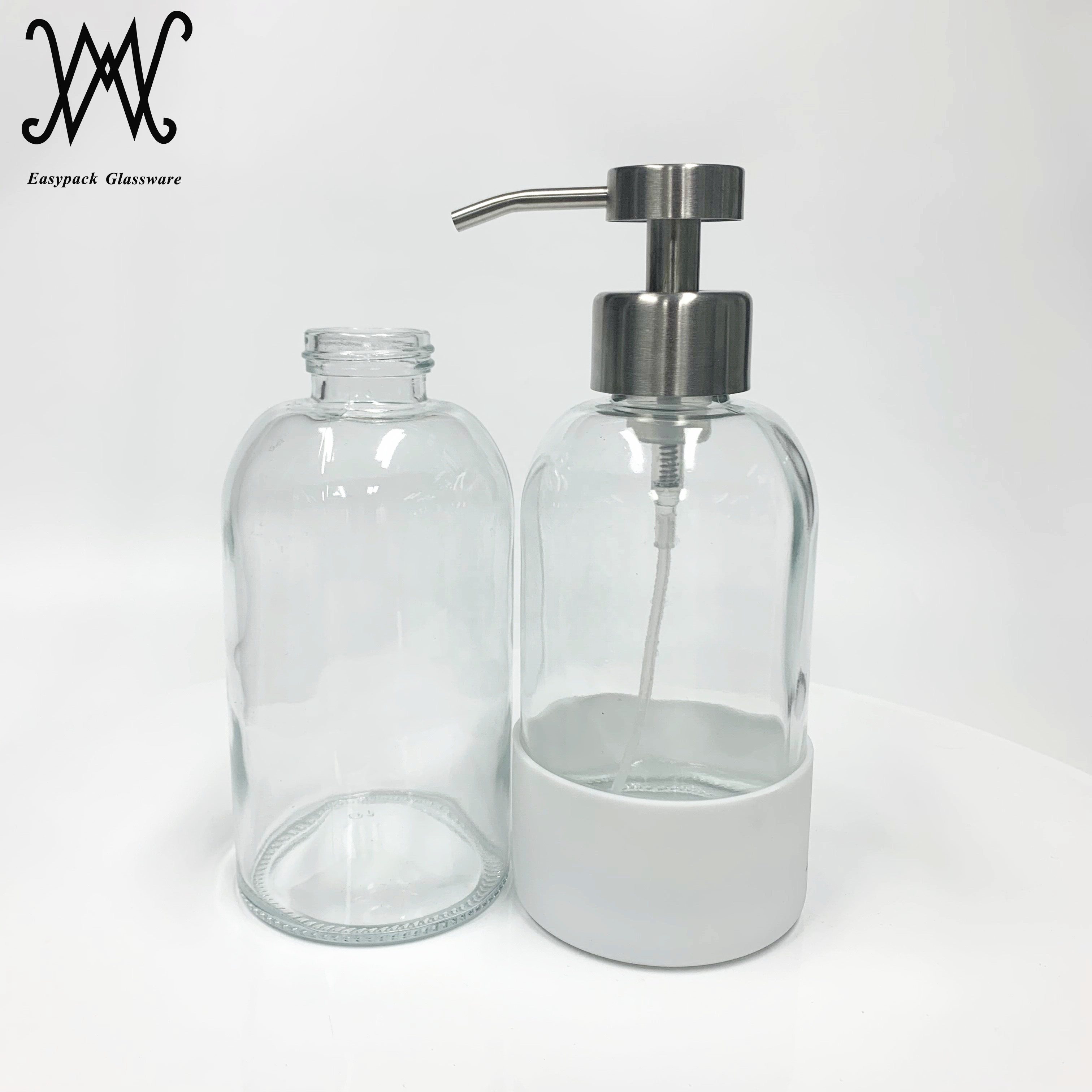 400ml glass hand soap bottle with stainless steel foaming pump dispenser and silicone sleeve