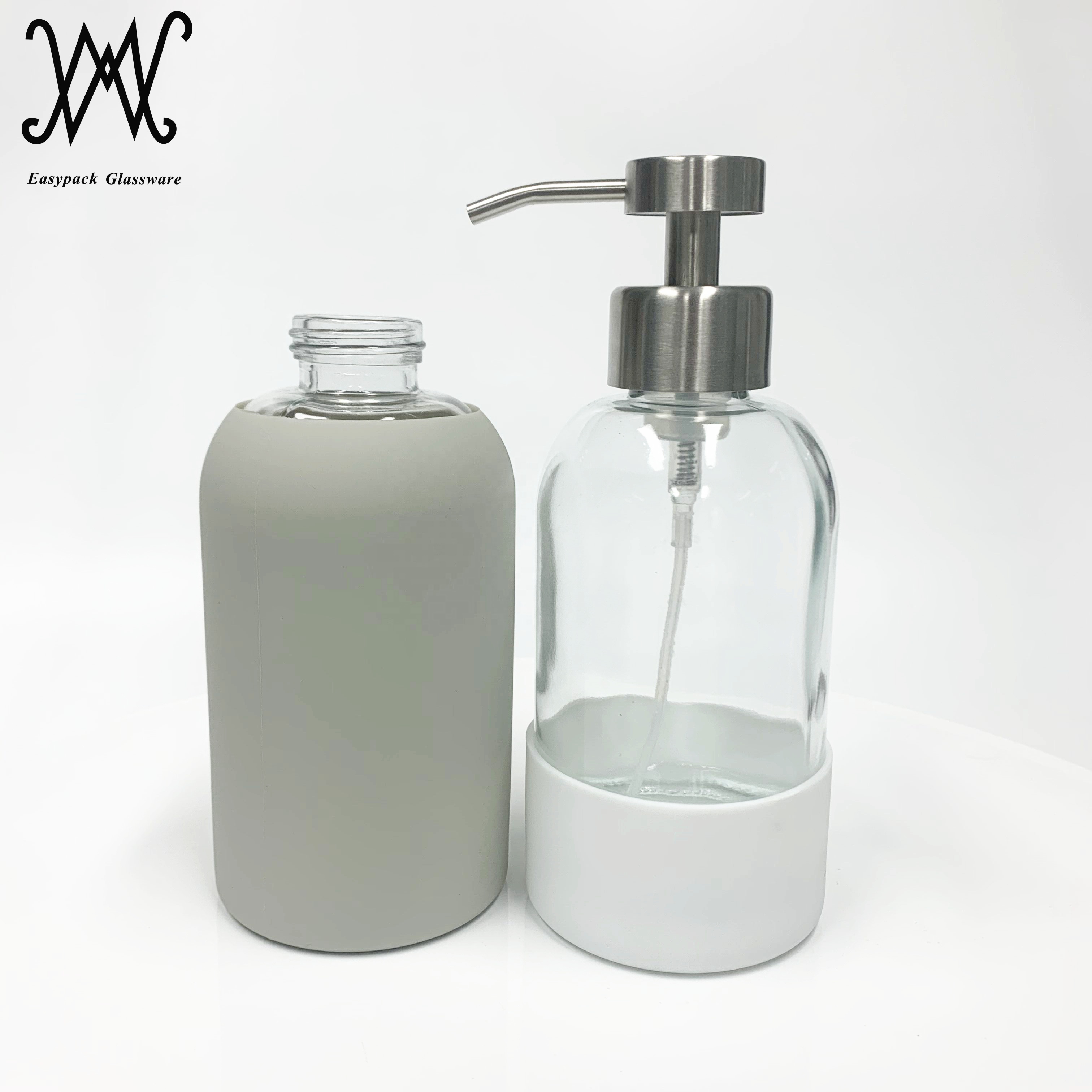 400ml glass hand soap bottle with stainless steel foaming pump dispenser and silicone sleeve