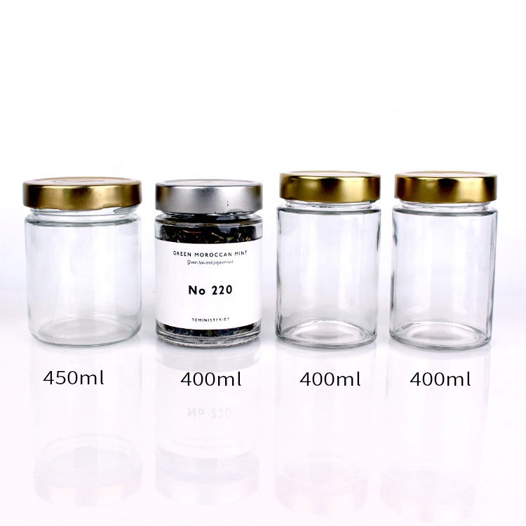 400ml round clear glass jar with metal lid for honey cylinder glass jar with metal lid