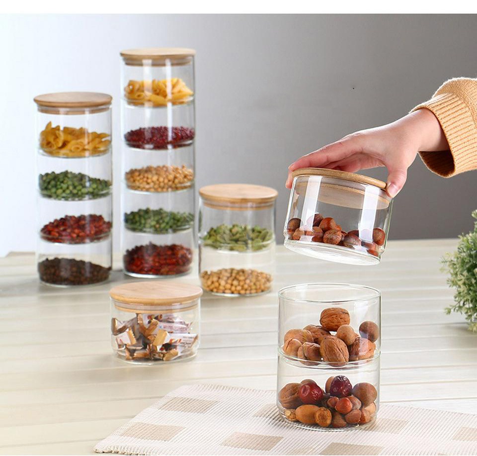 400ml14oz Handmade transparent three-layer glass storage jar set with bamboo lid