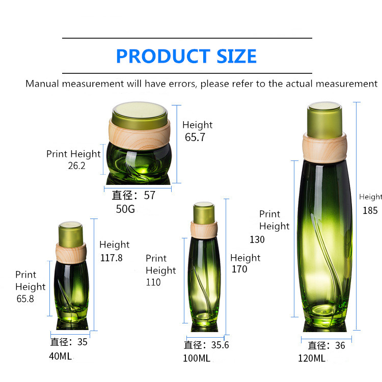 40ml 100ml 120ml cosmetics frosted green color emulsion pump glass bottle and 50g jar with water transfer printing cap