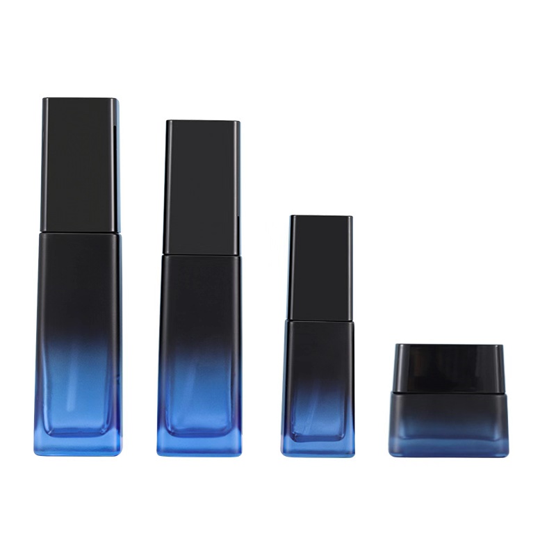 40ml 110ml 125ml black blue gradient skin care lotion pump glass square bottle and 50g face cream glass jar set
