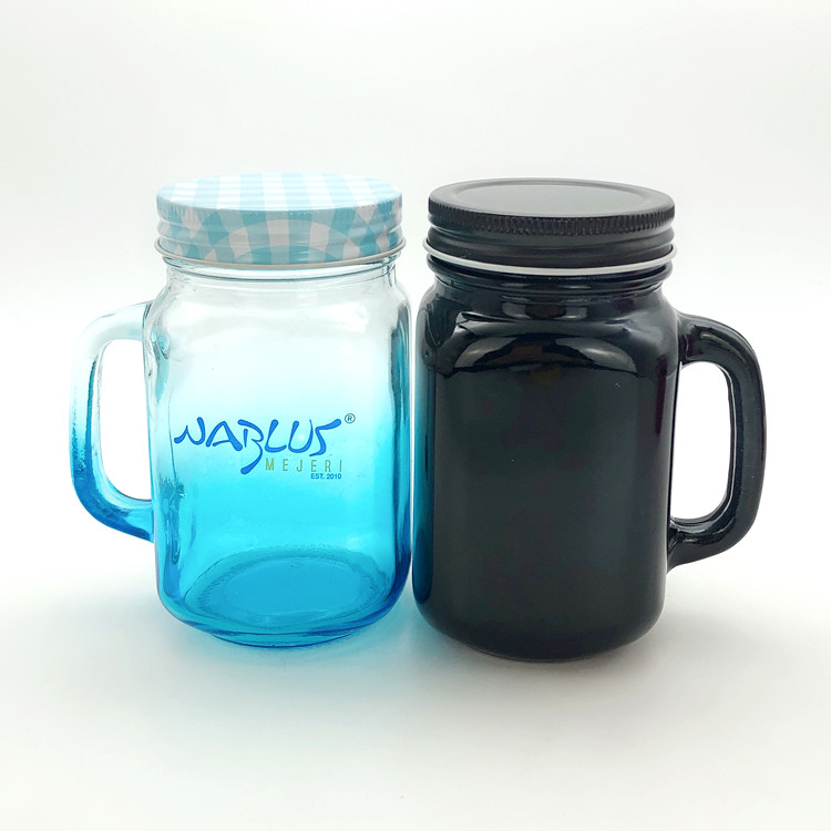 450ml 16oz spray color glass mason jar for drinking with handle and lid in bar