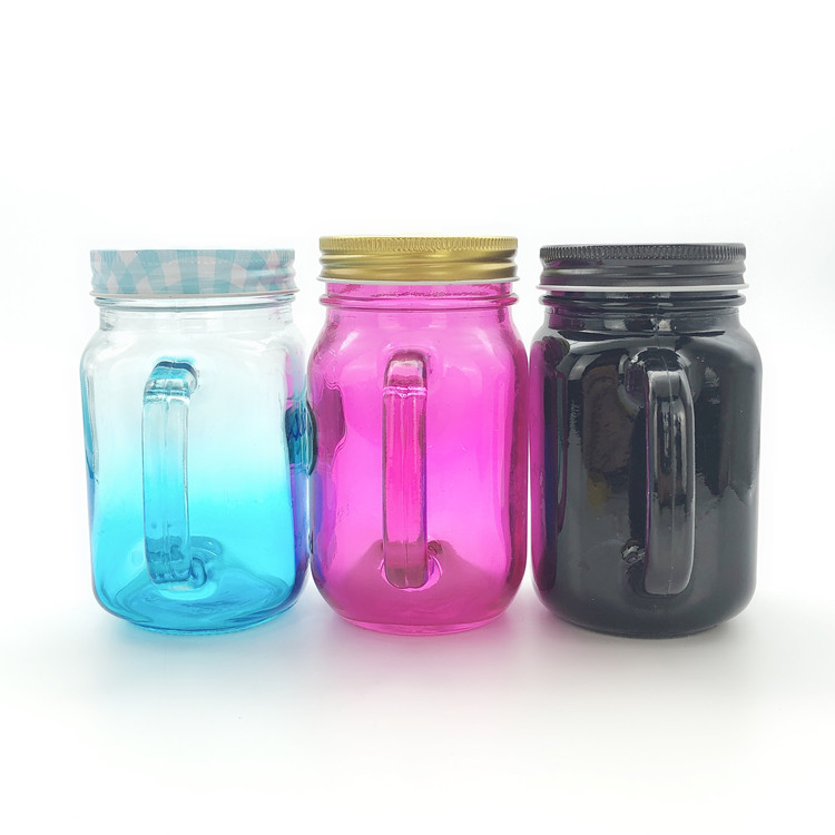 450ml 16oz spray color glass mason jar for drinking with handle and lid in bar
