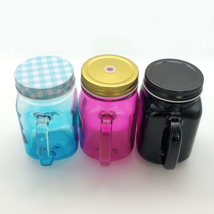 450ml 16oz spray color glass mason jar for drinking with handle and lid in bar