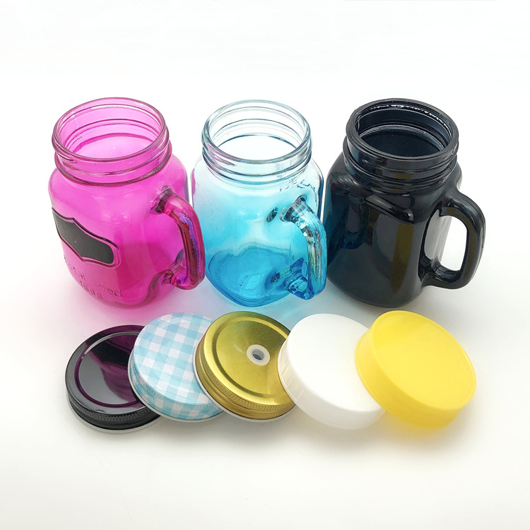 450ml 16oz spray color glass mason jar for drinking with handle and lid in bar