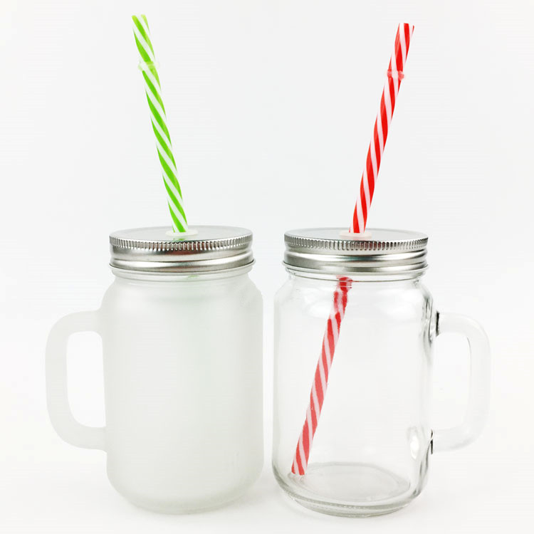 450ml 16oz spray color glass mason jar for drinking with handle and lid in bar