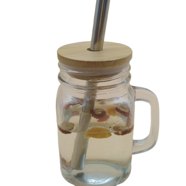 450ml 480ml 16oz Regular Mouth Handle Mason Mugs Jar Glass with Wooden Bamboo Lid and Straw