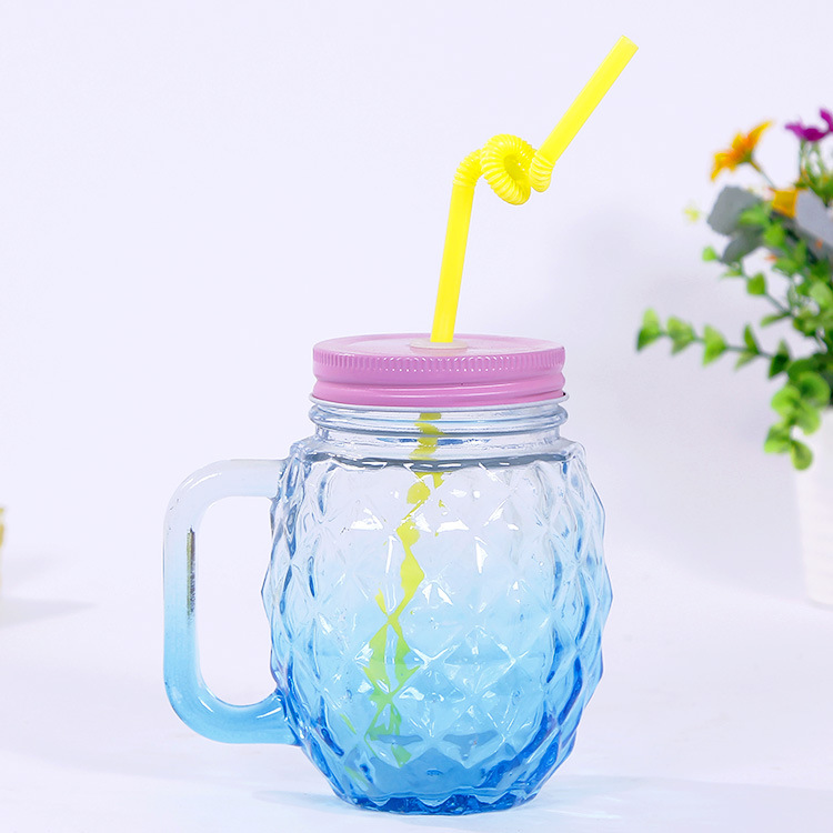 450ml Colorful pineapple water Juice handle glass jar with metal lid
