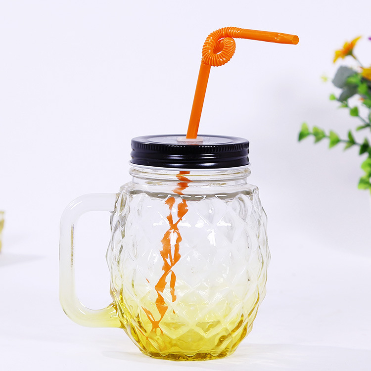 450ml Colorful pineapple water Juice handle glass jar with metal lid