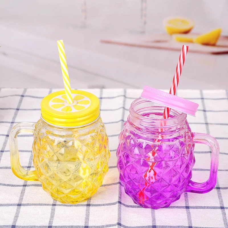 450ml Colorful pineapple water Juice handle glass jar with metal lid
