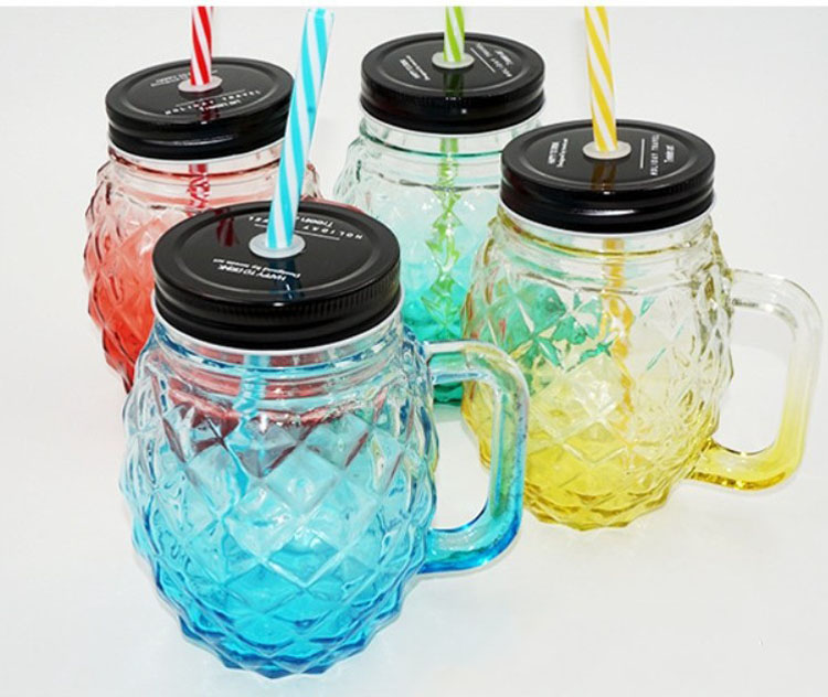 450ml Colorful pineapple water Juice handle glass jar with metal lid