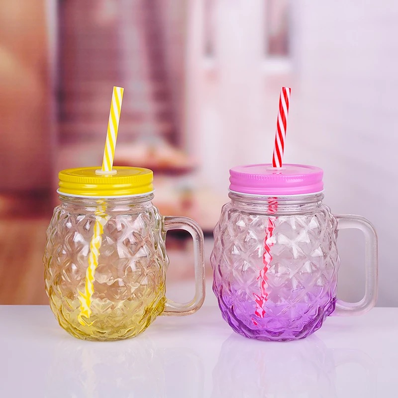450ml Colorful pineapple water Juice handle glass jar with metal lid