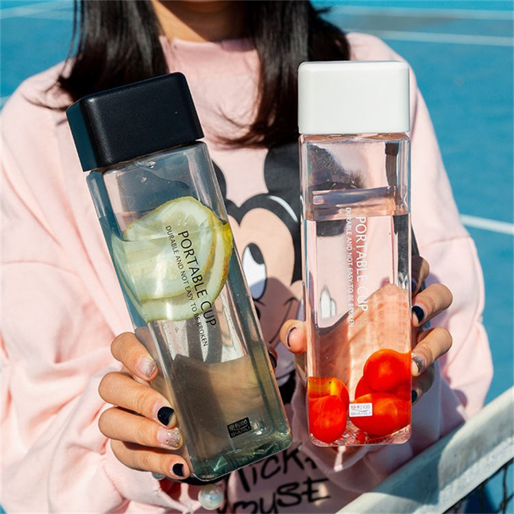 450ml Custom Logo Plastic Frosted Juice Bottles Square Fruit Infuser Water Bottle With Screw Lid