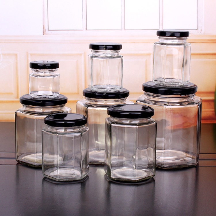 45ML 85ML 100ML 180ML 280ML 380ML 500ML 730ML Hexagon Shape Honey Jam Pickles Glass Jar with Twist off Lid