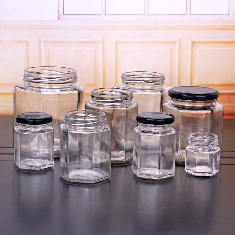 45ML 85ML 100ML 180ML 280ML 380ML 500ML 730ML Hexagon Shape Honey Jam Pickles Glass Jar with Twist off Lid