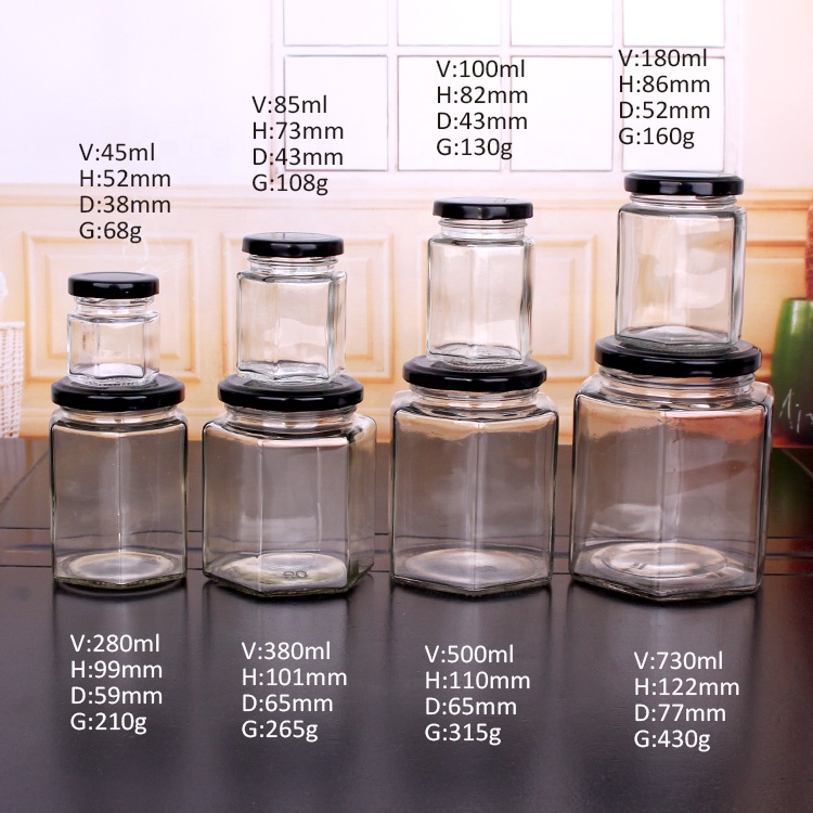45ML 85ML 100ML 180ML 280ML 380ML 500ML 730ML Hexagon Shape Honey Jam Pickles Glass Jar with Twist off Lid