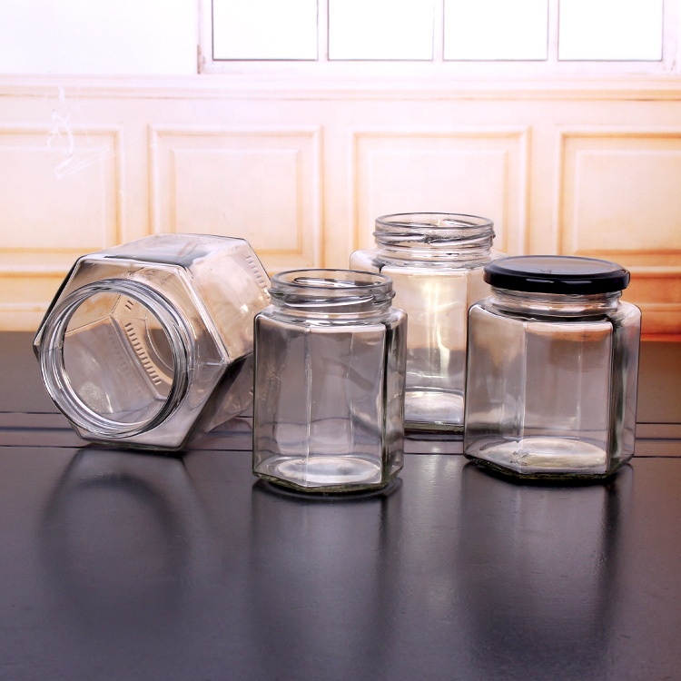 45ML 85ML 100ML 180ML 280ML 380ML 500ML 730ML Hexagon Shape Honey Jam Pickles Glass Jar with Twist off Lid