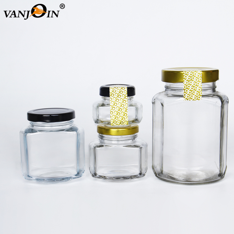 45ml 110ml 190ml Clear Oval Hexagon Glass Jars for Food Pickle Chili Sauce Honey Candy With Metal lid