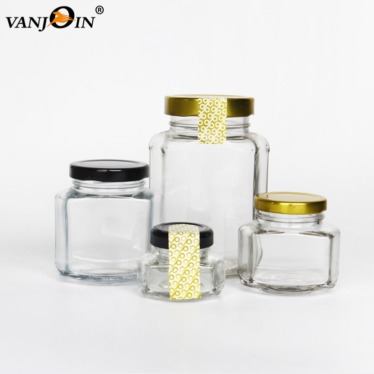 45ml 110ml 190ml Clear Oval Hexagon Glass Jars for Food Pickle Chili Sauce Honey Candy With Metal lid