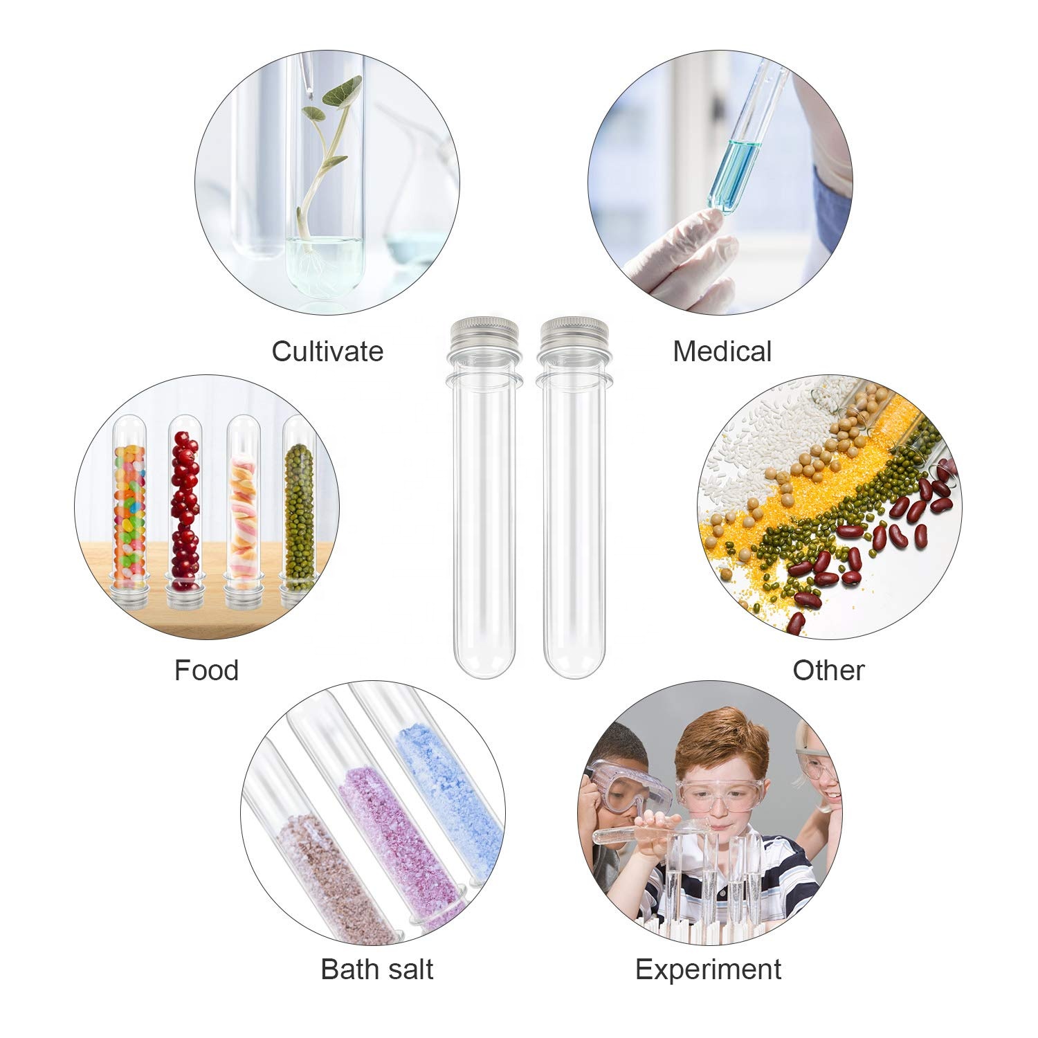 45ml 50ml 55ml 60ml Clear Plastic Test Tubes For Gumball Candy Storage, Bath Salt Vials, Kids Birthday Party Favors