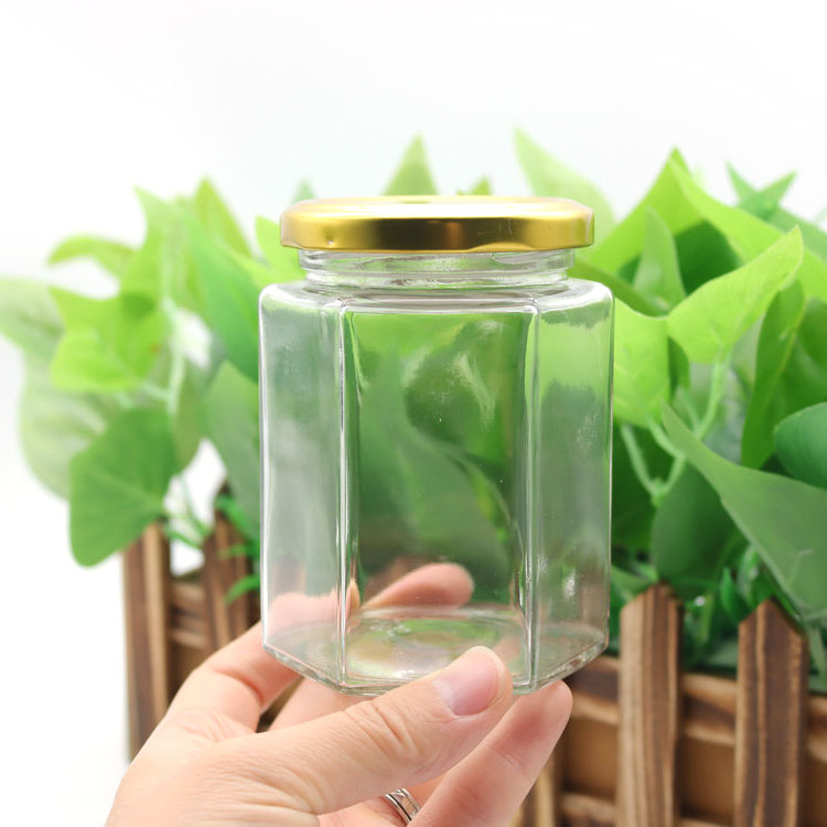 45ml 60ml 100ml 180ml 280ml 380ml 500ml 730ml hexagonal clear glass jar for jam and pickle with gold metal lid