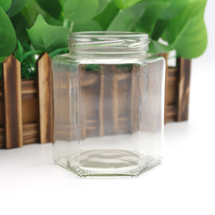 45ml 60ml 100ml 180ml 280ml 380ml 500ml 730ml hexagonal clear glass jar for jam and pickle with gold metal lid