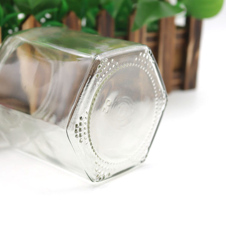 45ml 60ml 100ml 180ml 280ml 380ml 500ml 730ml hexagonal clear glass jar for jam and pickle with gold metal lid