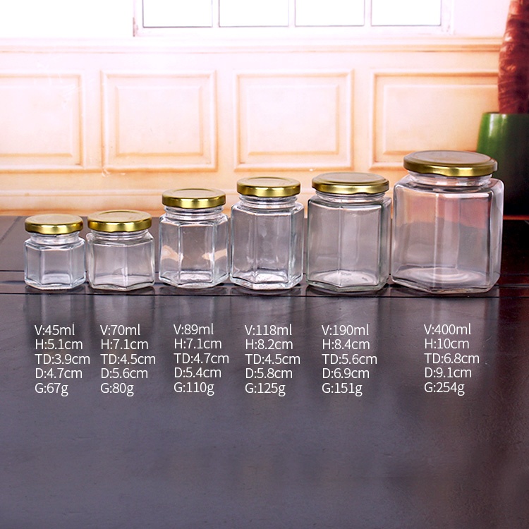 45ml 70ml 85ml 120ml 180ml 400ml hexagon glass honey jars metal lid glass jam jar