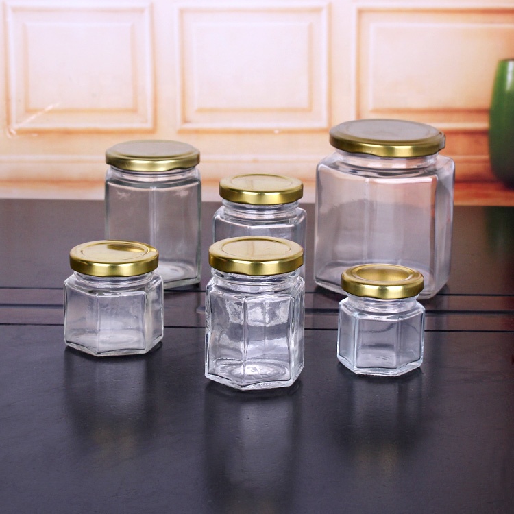 45ml 70ml 85ml 120ml 180ml 400ml hexagon glass honey jars metal lid glass jam jar