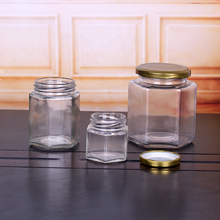 45ml 70ml 85ml 120ml 180ml 400ml hexagon glass honey jars metal lid glass jam jar