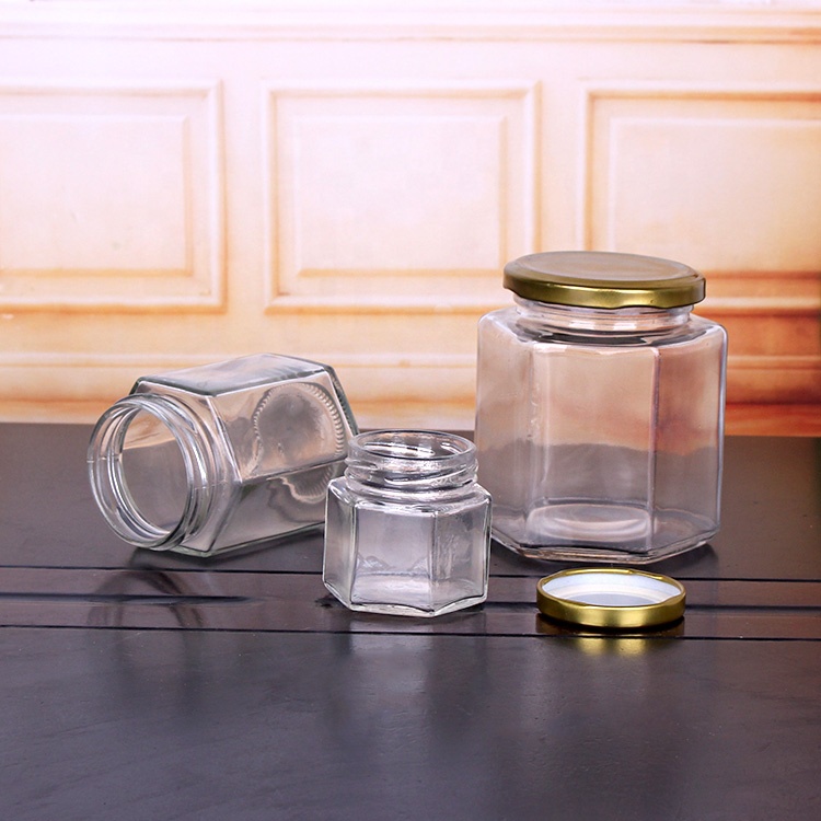 45ml 70ml 85ml 120ml 180ml 400ml hexagon glass honey jars metal lid glass jam jar