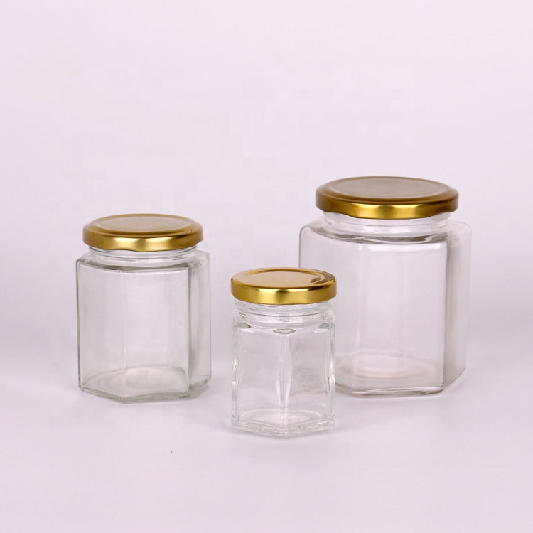 45ml 70ml 85ml 120ml 180ml 400ml hexagon glass honey jars metal lid glass jam jar