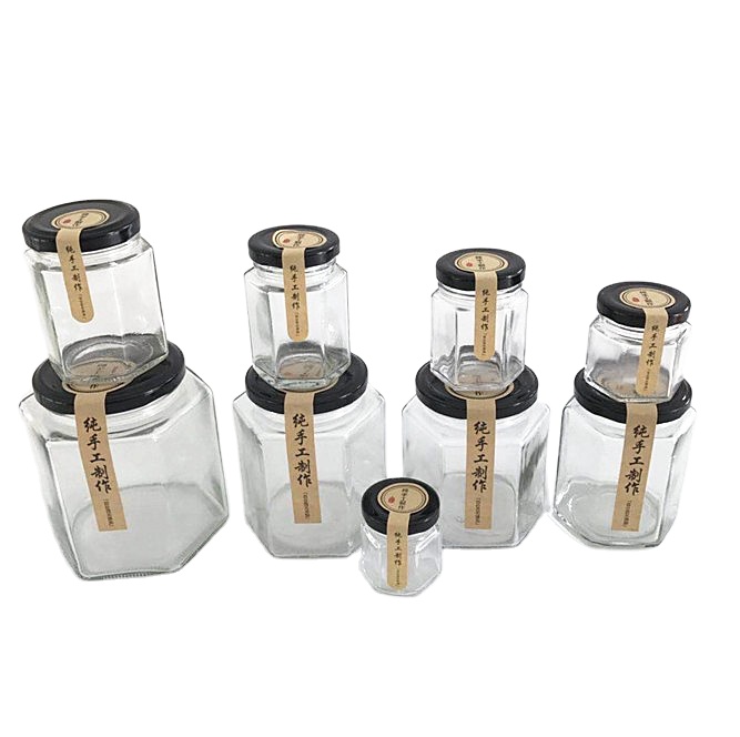 45ml-730ml Hexagon Glass Bottle with Black Screw Cap Glass jars for Honey Jam canned food Caviar Glass Package Food Storage