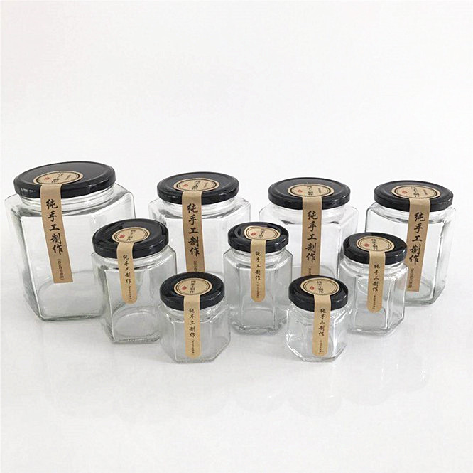 45ml-730ml Hexagon Glass Bottle with Black Screw Cap Glass jars for Honey Jam canned food Caviar Glass Package Food Storage