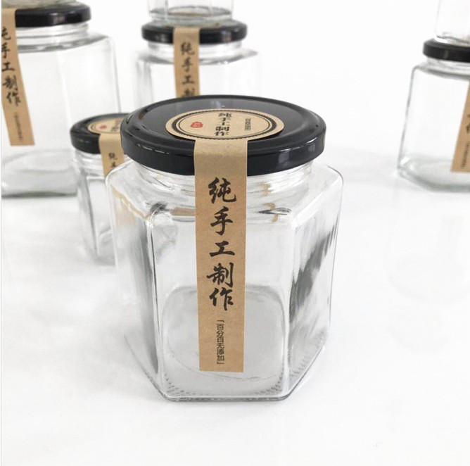 45ml-730ml Hexagon Glass Bottle with Black Screw Cap Glass jars for Honey Jam canned food Caviar Glass Package Food Storage