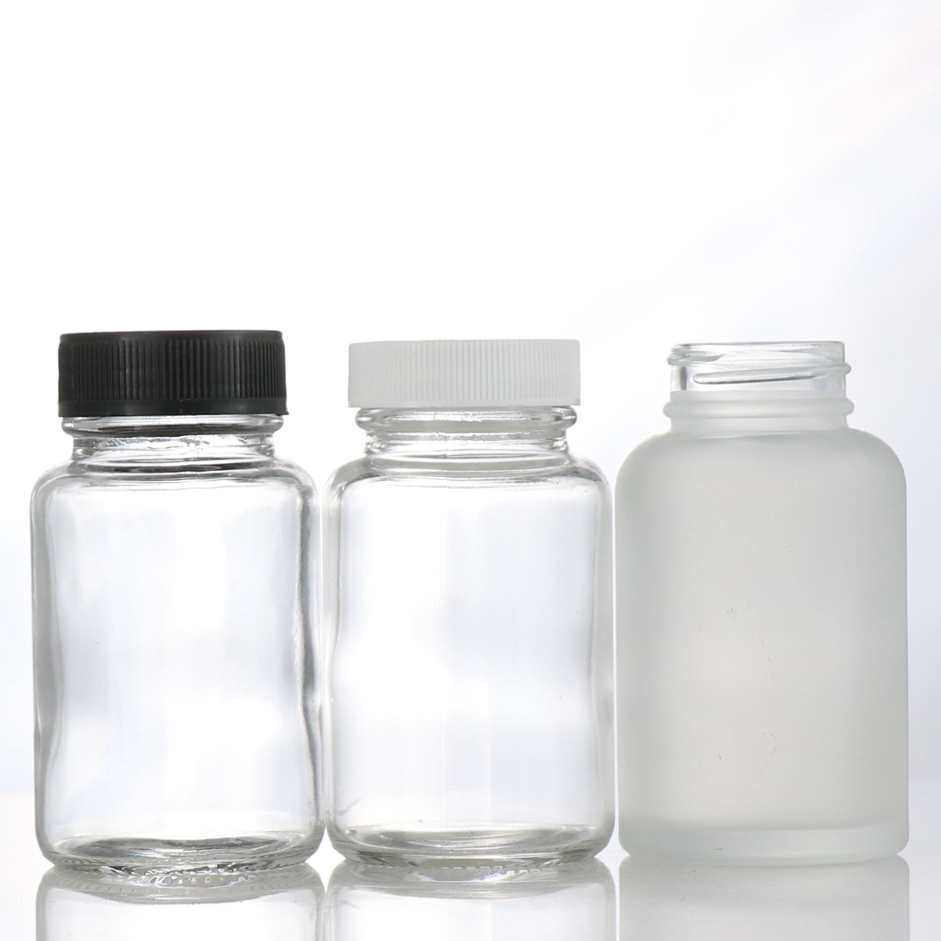 45ml 75ml 100ml Transparent Glass Pills Packing Container Medicine Tablet Bottle with Child Resistant Cap