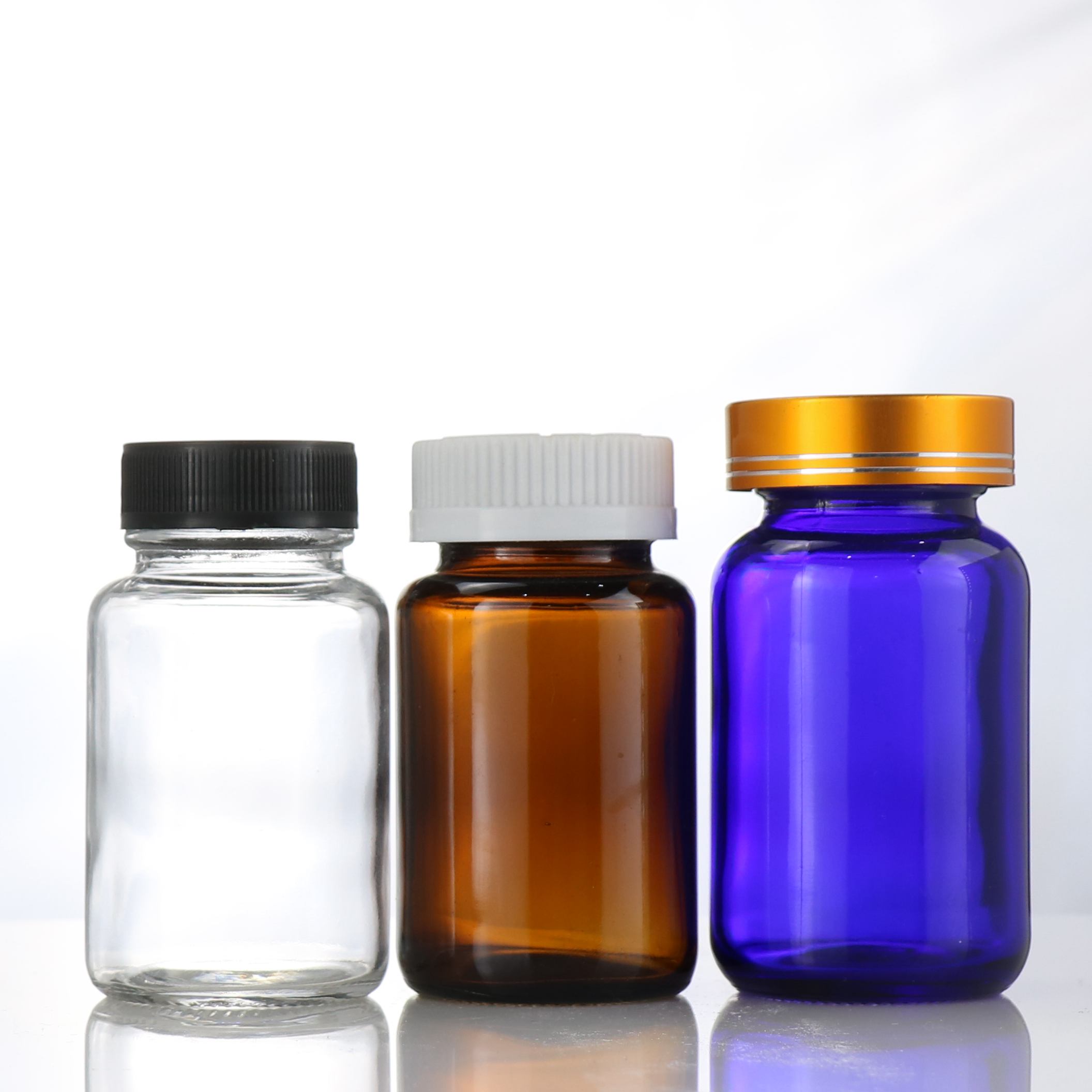 45ml 75ml 100ml Transparent Glass Pills Packing Container Medicine Tablet Bottle with Child Resistant Cap