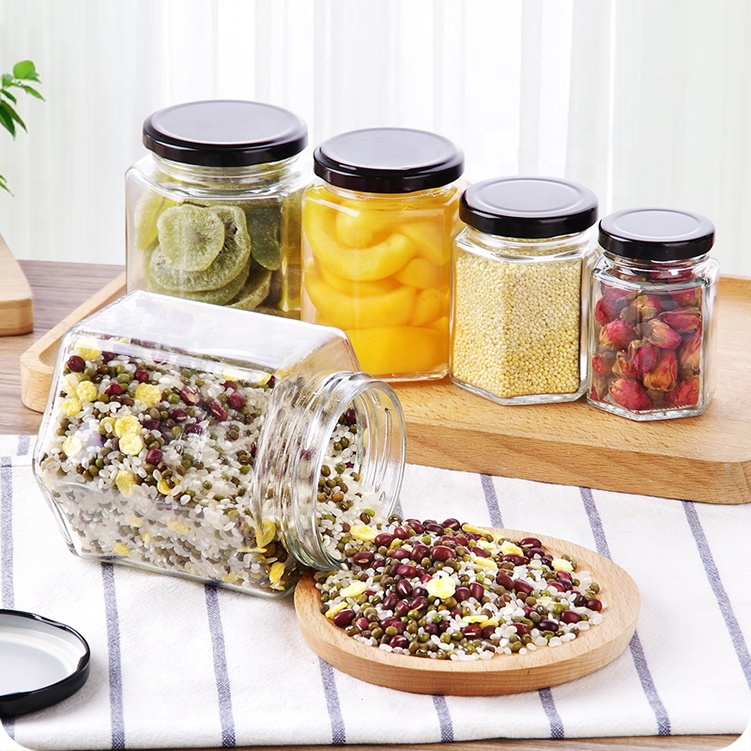 45ml 85ml 100ml 180ml 250ml 380ml Empty Glass Honey Jar Hexagonal For Jam Storage With Metal Lid