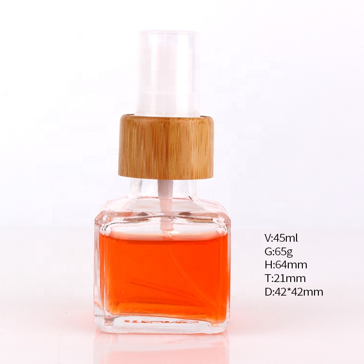 45ml Square aroma glass bottle with bamboo cap sprayer