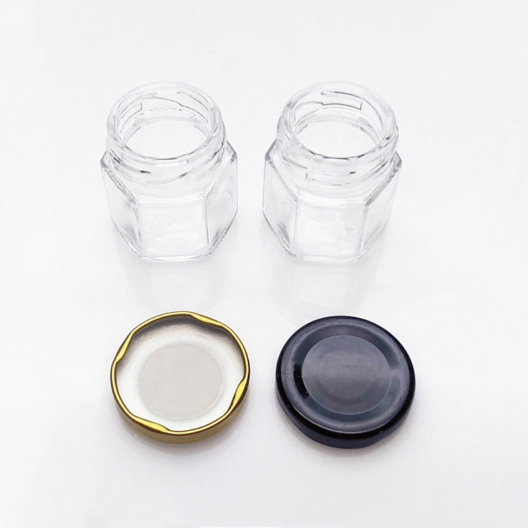 45ml small mini hexagonal clear glass honey jar with metal lid wholesale